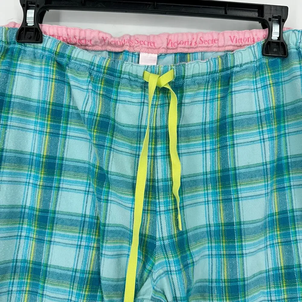 EUC Victoria’s Secret Pajama Pants M Plaid Blue Green Flannel Silver Threading